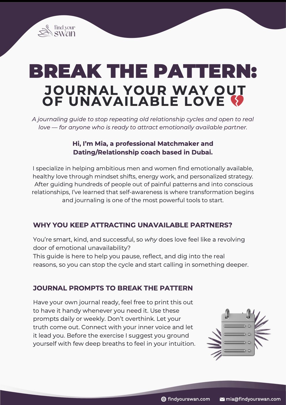 The first page of Break the pattern: journal your way out of unavailable love
