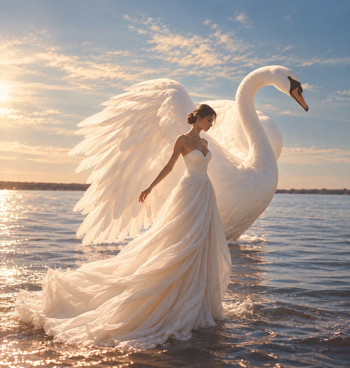 A woman in a flowing white gown in the sea at golden hour, a great white swan behind her with its wings spread