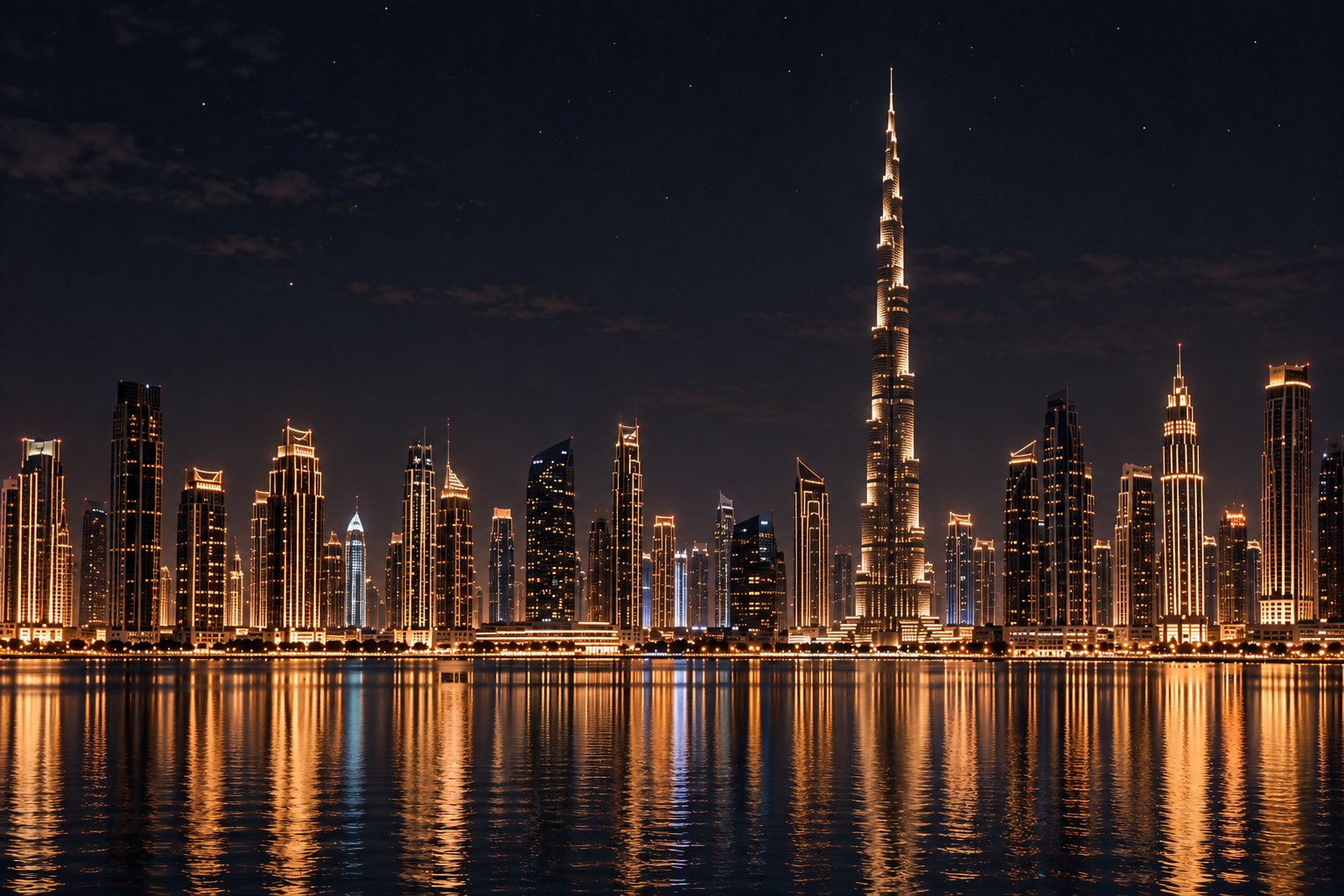 The Dubai skyline and Burj Khalifa at night, reflected in the water