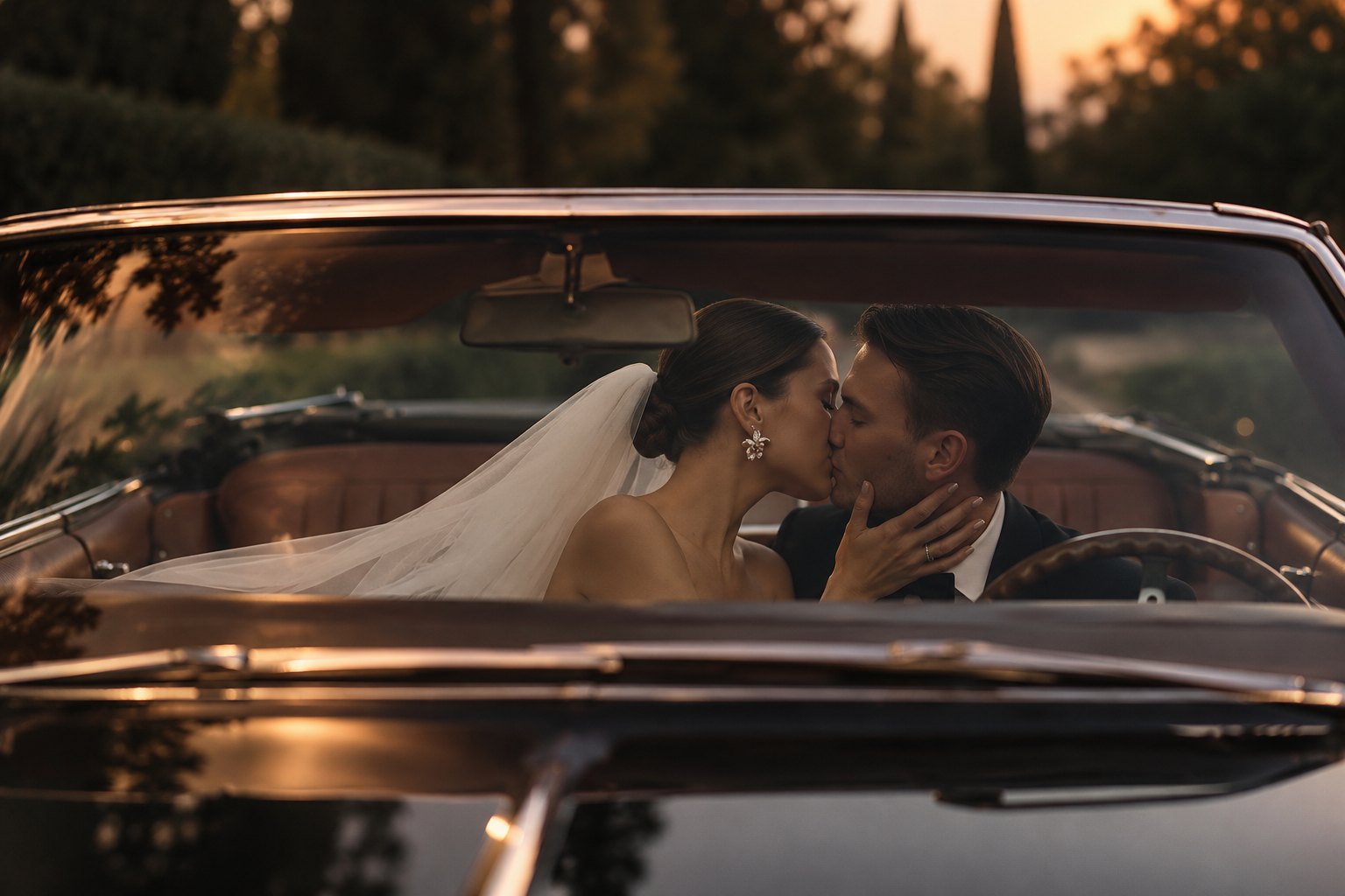 A bride and groom kissing in a vintage convertible at golden hour