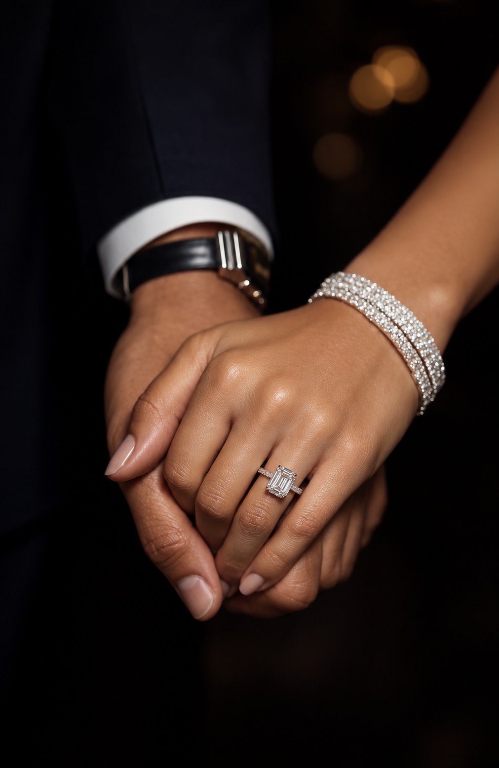 Two hands clasped: one with an emerald-cut engagement ring and a diamond bracelet, the other in a white cuff and a watch