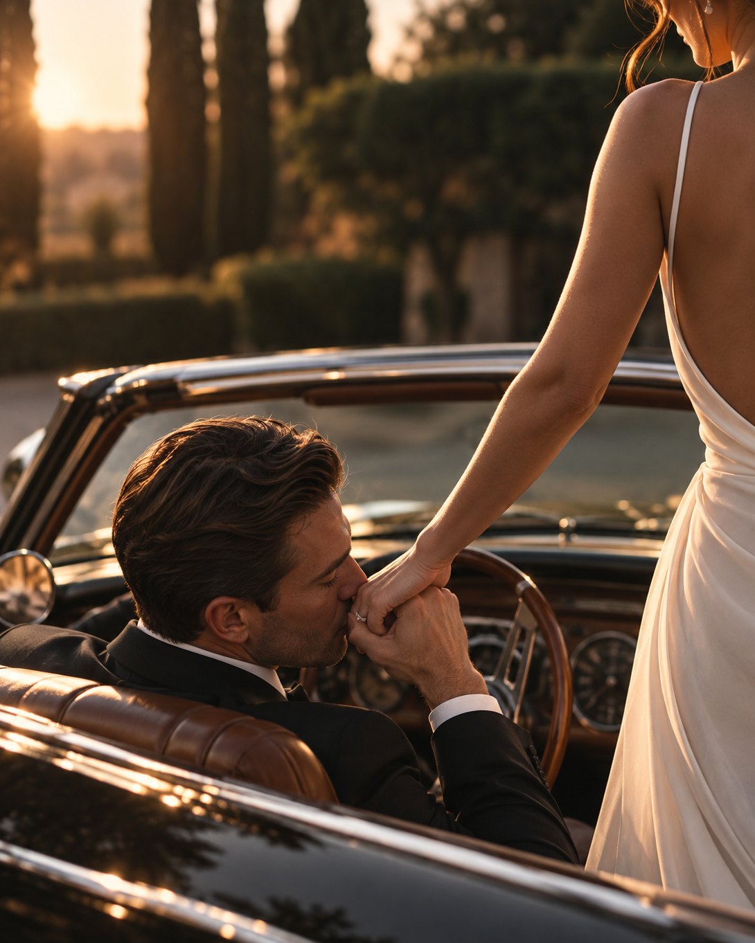 A kiss on the hand from the seat of a vintage convertible, at sunset