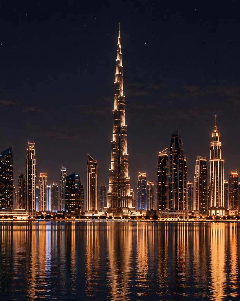 The Dubai skyline and Burj Khalifa at night, reflected in the water